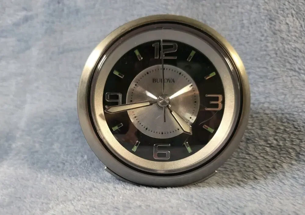 Bulova B5027 Lite Night Alarm Clock Brushed Silver Black Light Snooze-Works